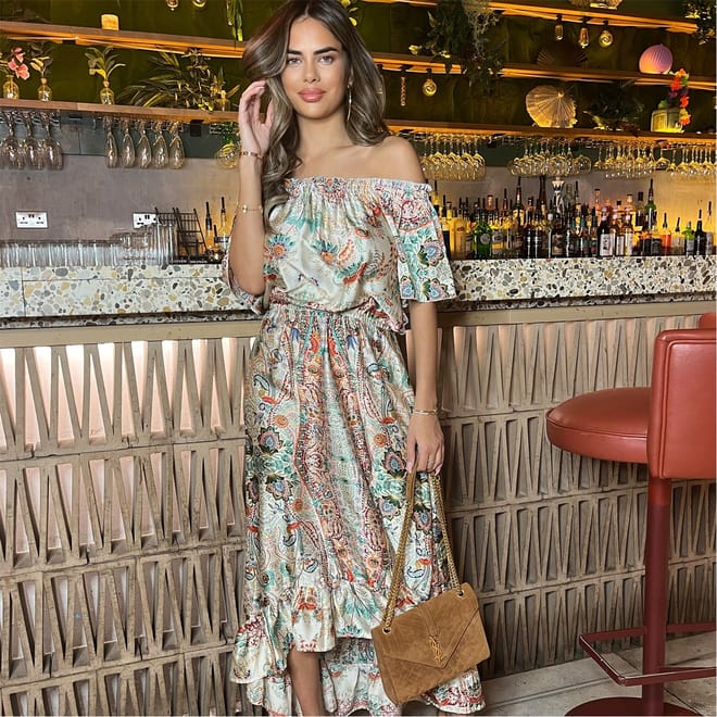 Paisley Printed Bardot Frill Hem Midi Dress