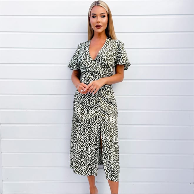 Printed Bell Sleeve Midi Dress