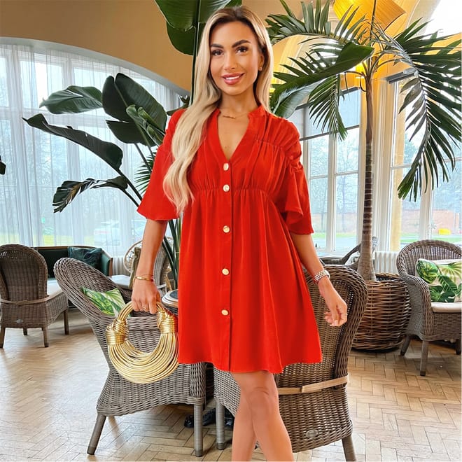 Orange Button Up Ruched Detail Smock Dress