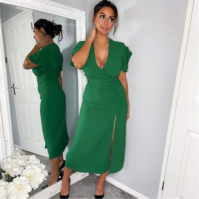 Ruched Split Leg Midi Dress