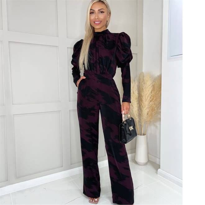 Printed High Neck Puff Sleeve Jumpsuit