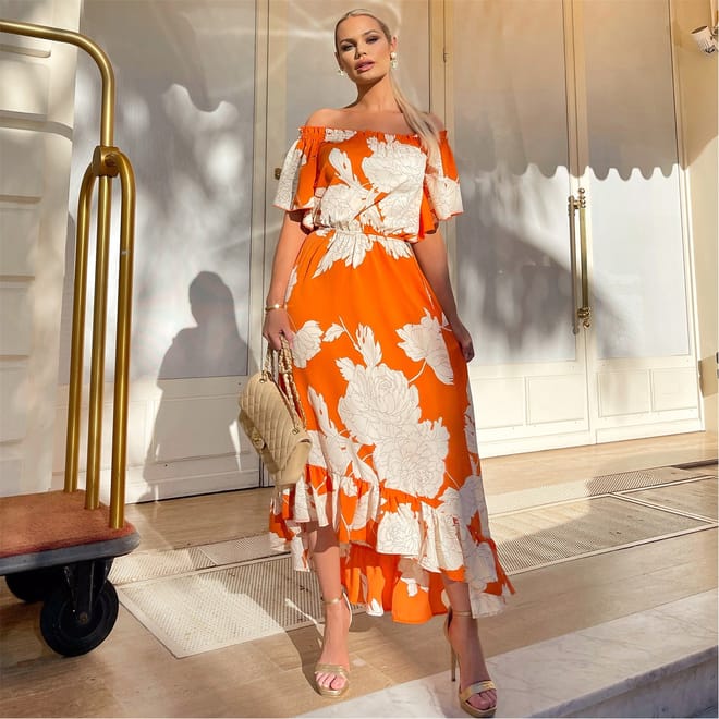 Orange Printed Bardot Style Midi Dress