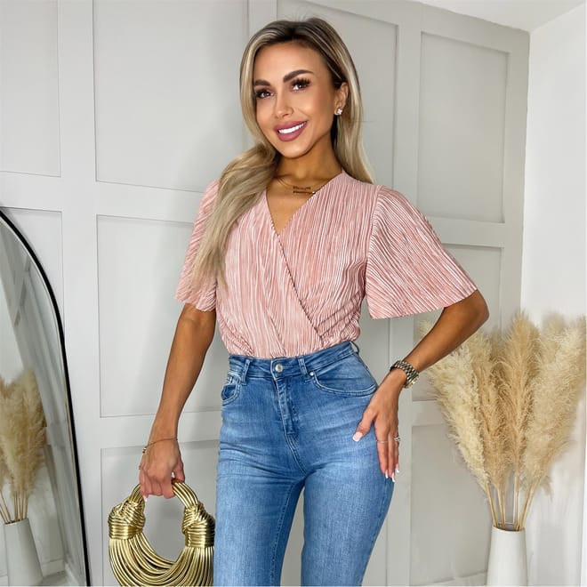 Wrap Top Butterfly Sleeve Plisse Bodysuit