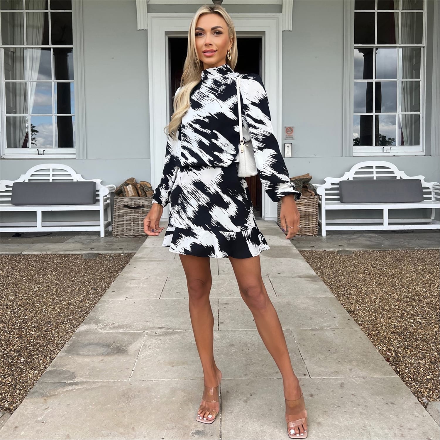 Multi AX Paris And White High Neck Long Sleeve Skater Dress Get