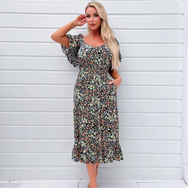 Ditsy Printed Flutter Sleeve Midi Dress