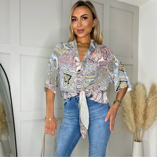 Paisley Printed Tie Waist Crop Shirt
