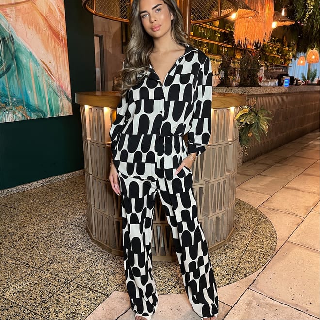 And Cream Printed Geometric Trousers