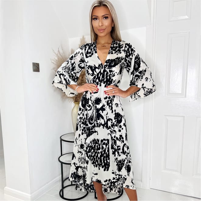 And Cream Printed V Neck Bell Sleeve Midi Dress