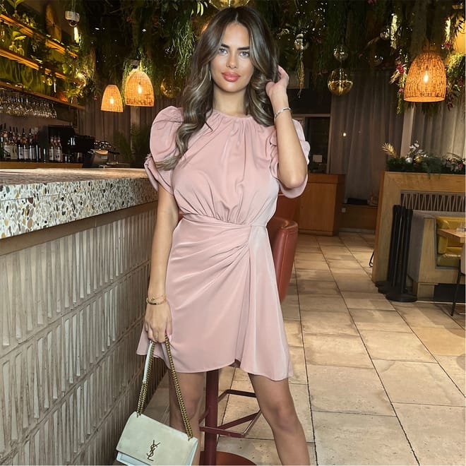 Short Puff Sleeve Drape Skirt Mini Dress