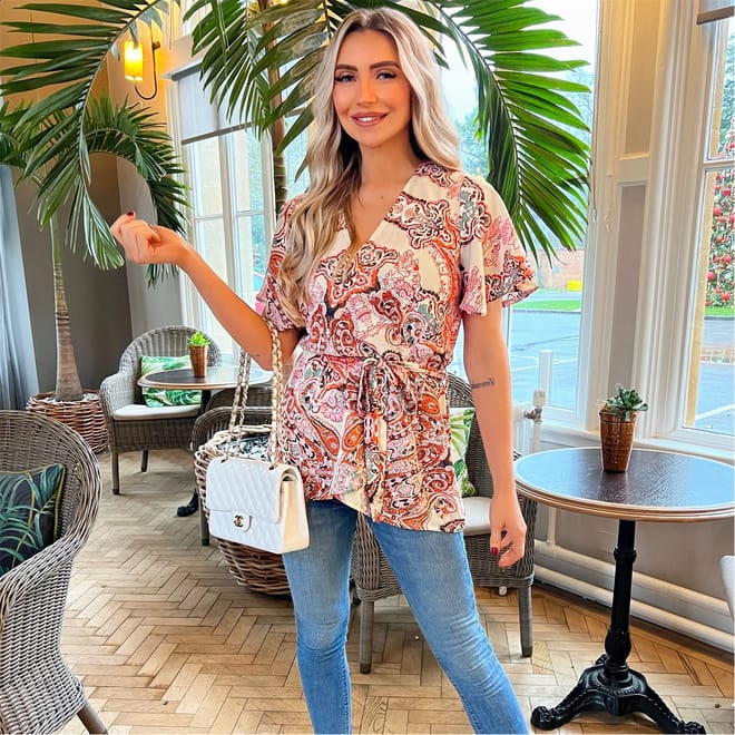 Paisley Print Wrap Short Sleeve Belted Top