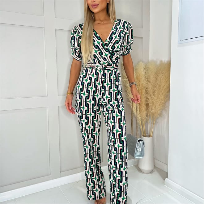 Geometric Printed Wrap Top Belted Jumpsuit