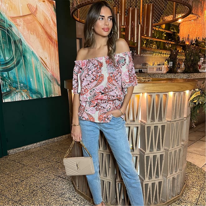 Pink Tone Print Bardot Top