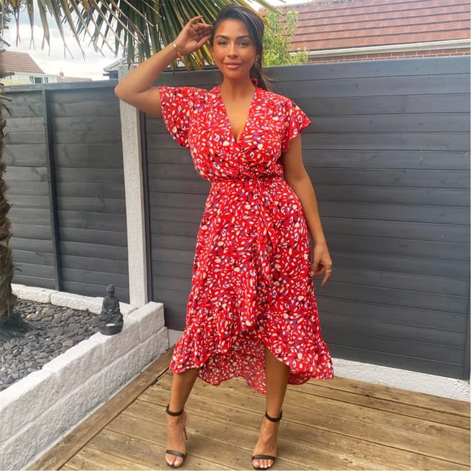 Abstract Print Wrap Midi Dress