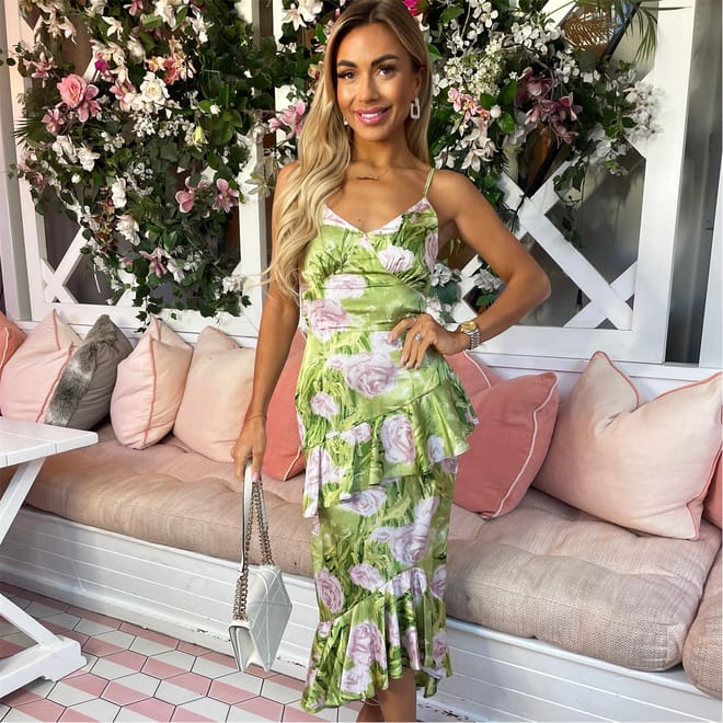 Floral Satin Ruffle Midi Dress