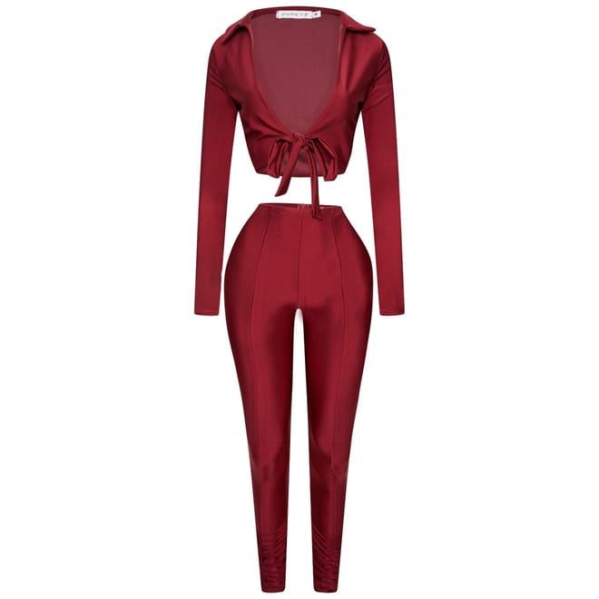 Plunging Neck Long Sleeve Shirt Legging Set