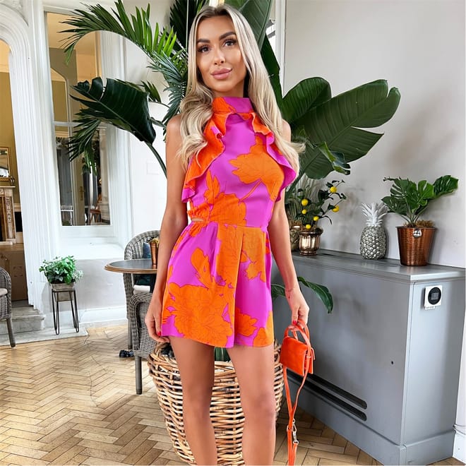 And Orange Floral Cut Out Waist Playsuit
