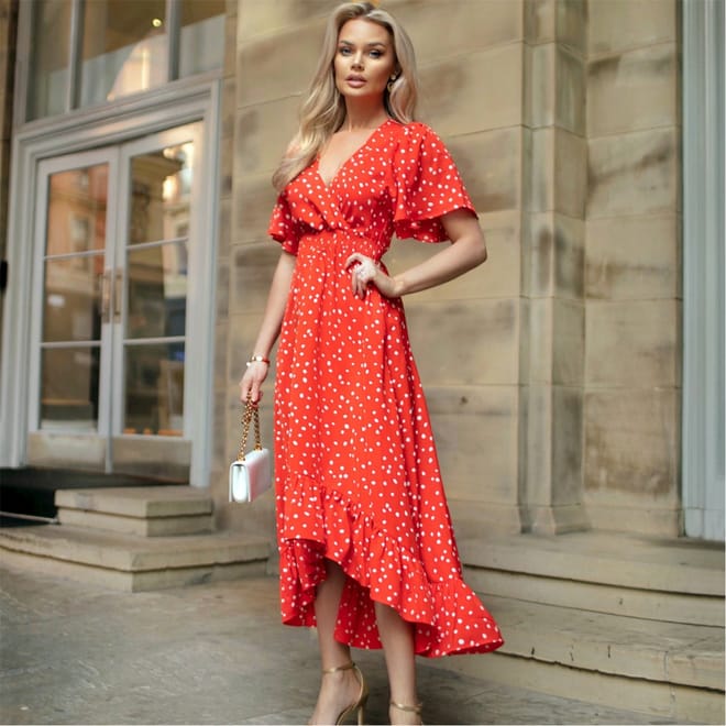 And White Polka Dot Printed High Low Midi Dress