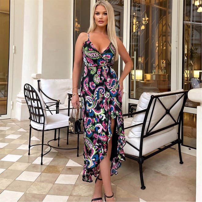 Printed Wrap Over Strappy Midi Dress