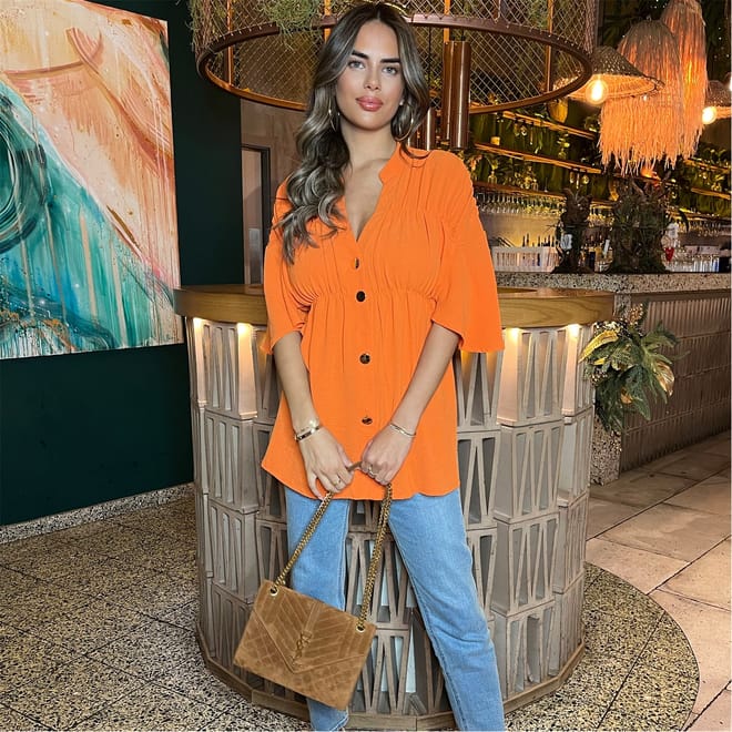 Button Up Ruched Detail Smock V Neck Top