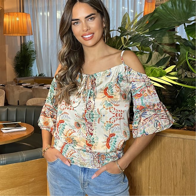 Paisley Print Cut Out Shoulder Top