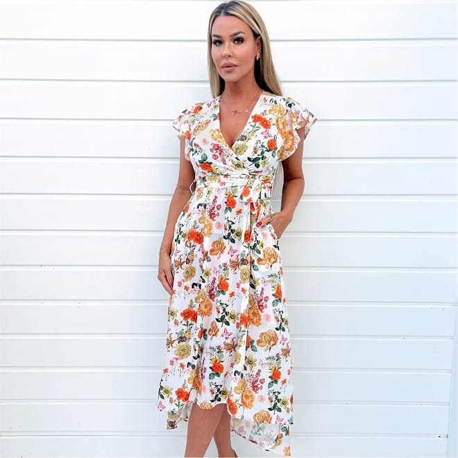 Floral Print Short Sleeve Belted Wrap Midi Dress