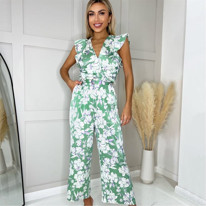 Printed Wrap Front Frill Sleeve Belted Jumpsuit