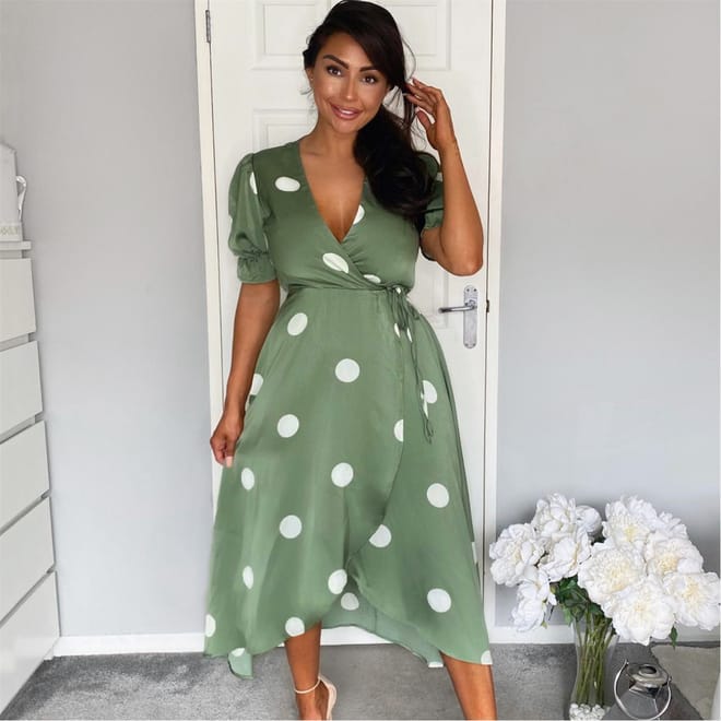Dot Print Wrap Over Midi Dress