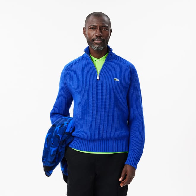 Zipped High Neck Carded Wool Sweater