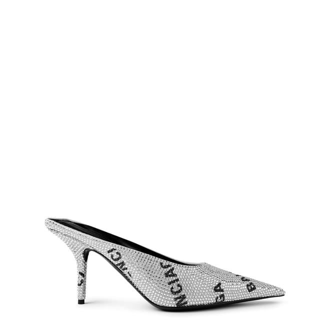 Square Knife Crystal Embellished Leather Heeled Mules