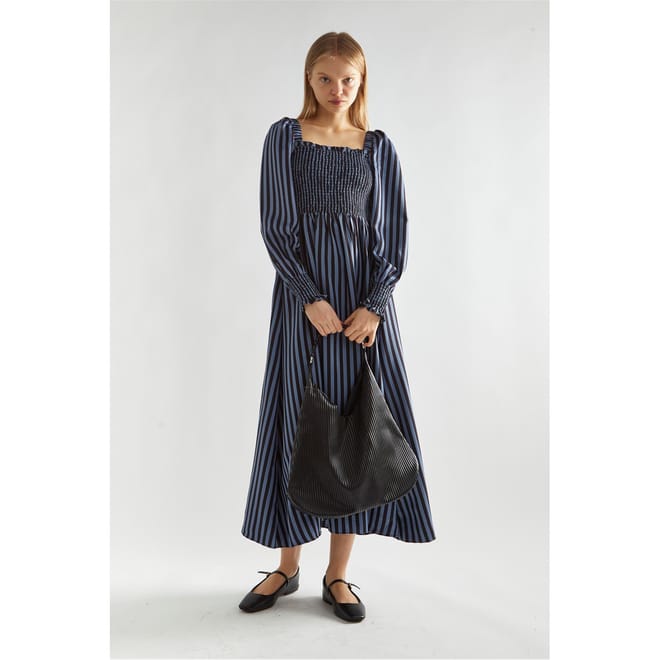 Black Stripe Shirred Midi Dress