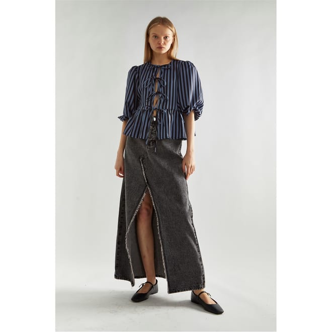 Blue Black Stripe Tie Front  Top