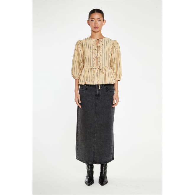 Beige Brown Stripe Tie Front  Top