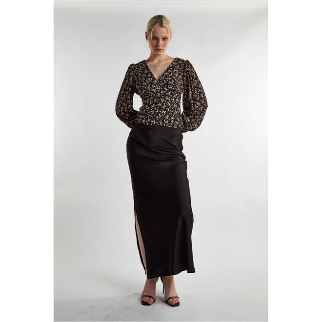 Black Ditsy Print Button Front Top