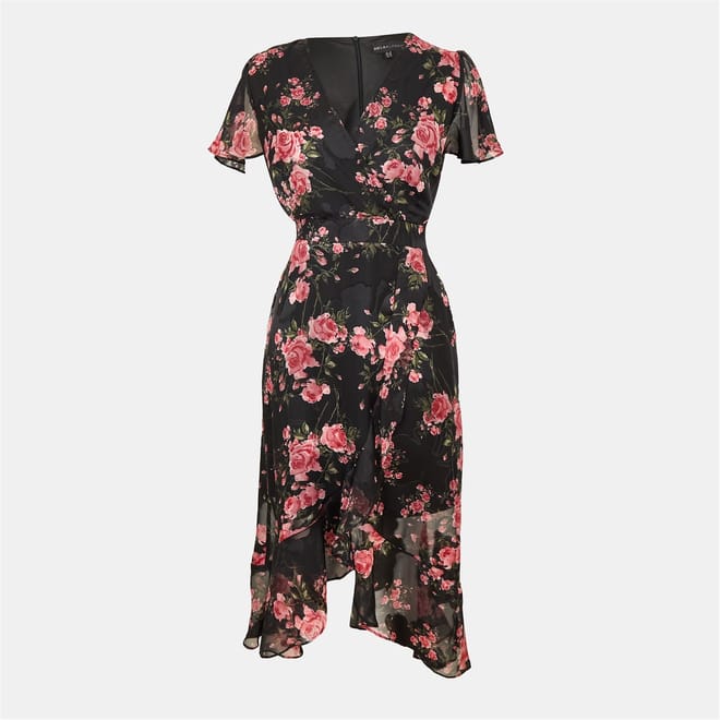 Rose Print Midi Wrap Dress