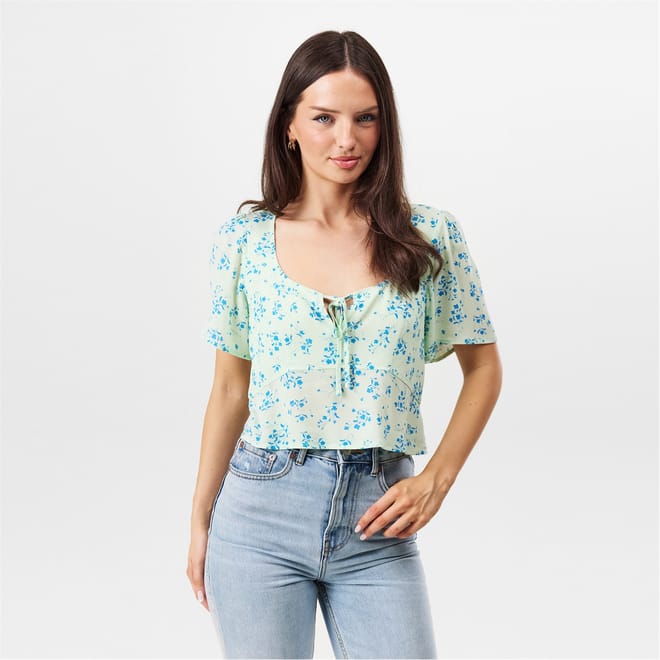 Cropped Keyhole Neck Regular Fit Blouse