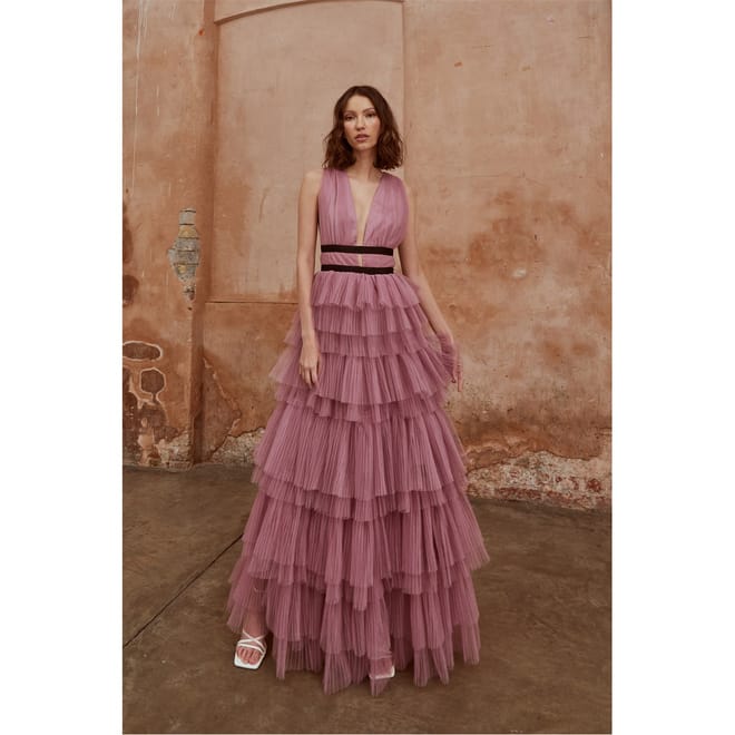 Decadence Eliza Plunge Front Tulle Layered Maxi Dress