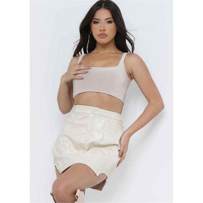 Leather Curved Hem Cut Out Mini Skirt