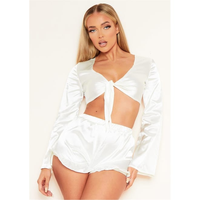 Tie Front Long Sleeve Pyjama Crop Top