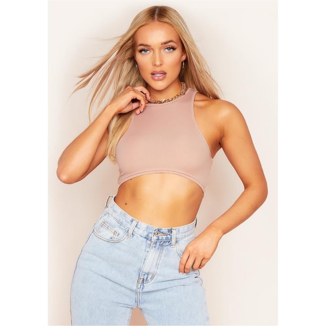 Racer Ribbed Curved Hem Crop Top