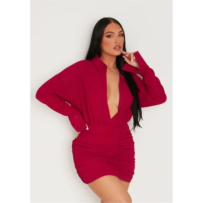 Sleeve Plunge Front Ruched Skirt Mini Dress