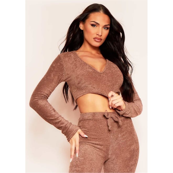 Towelling Plunge Neck Long Sleeve Crop Top