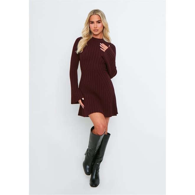 Womens Rib Knit Flare Mini Dress