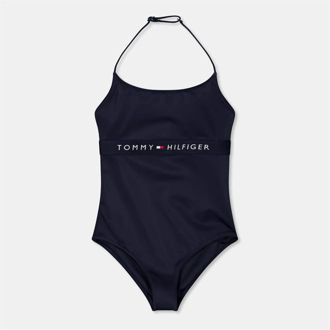 Halter Neck Logo Print One Piece Swimsuit