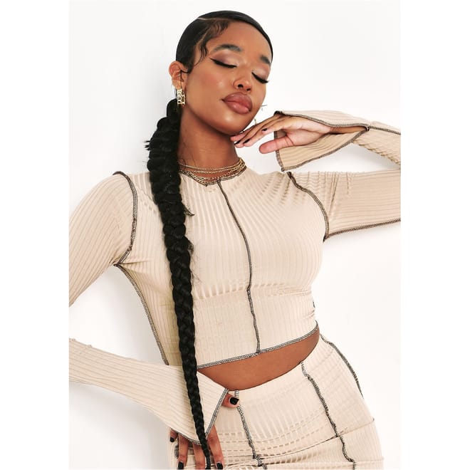 Stitch Slit Sleeve Ribbed Crop Top