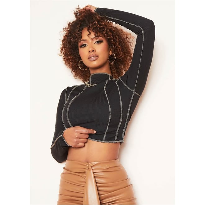 Contrast Stitch Long Sleeve Crop Top