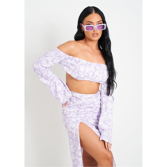 Print Bardot Long Sleeve Crop Top