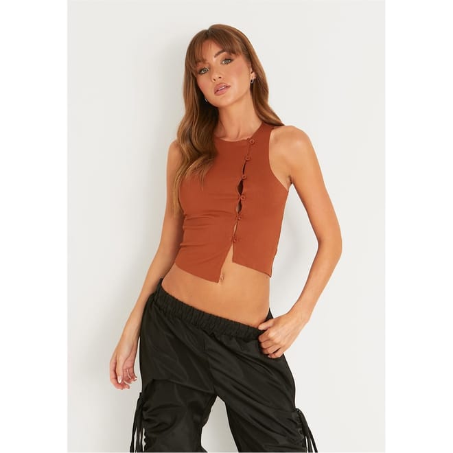 Button Front Asymmetric Crop Top