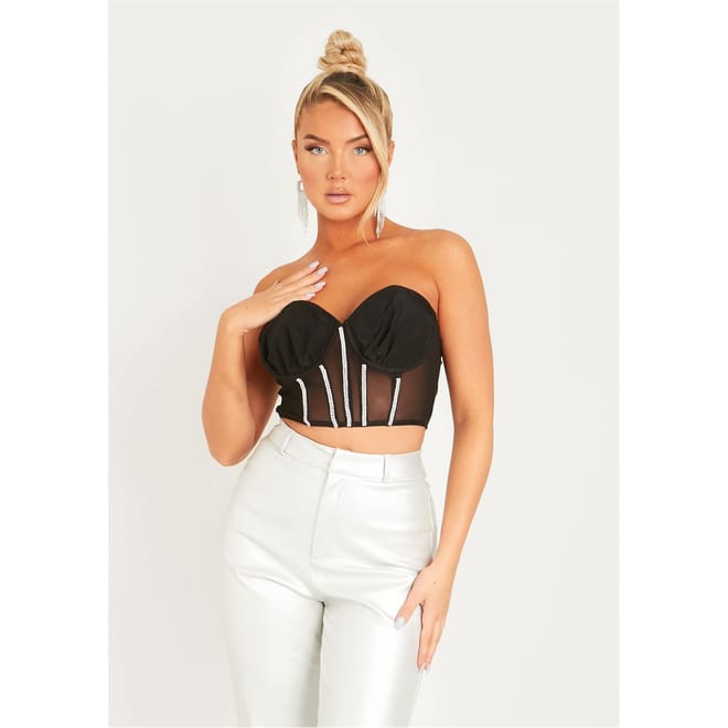 Mesh Structured Diamante Cropped Corset