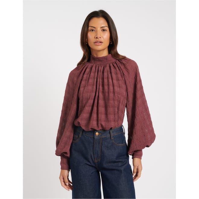 High Neck Relaxed Fit Long Sleeve Blouse