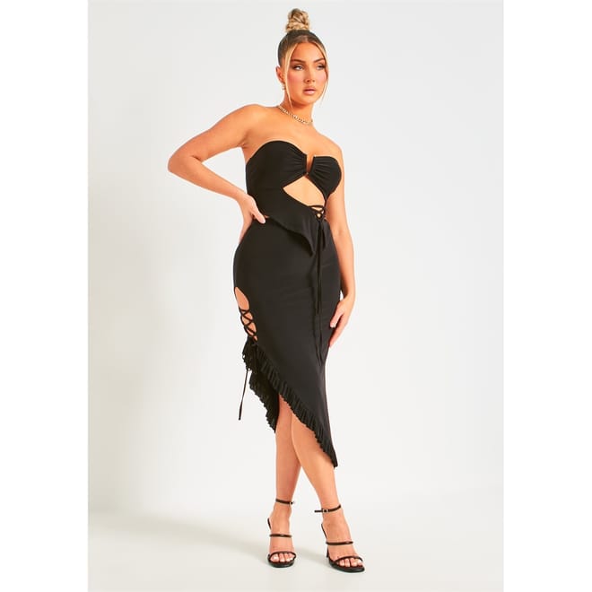 Lace Up Detail Frill Hem Midi Skirt